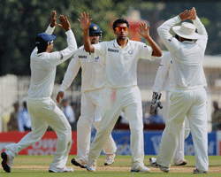 Chennai: India's R Ashwin celebrating along with teammates for the wicket of Australia's Ed Cowan during the first test match at MA Chidambaram Stadium in Chennai on Friday. PTI Photo