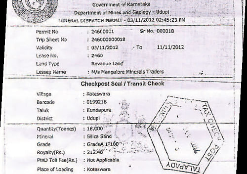 A copy of the pass issued by Karnataka mining and geology department, Udupi, to transport silica sand.