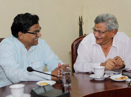 CPI (M) leader Sitaram Yechury with Samajwadi Party MP Ramgopal Yadav during a meeting for the preparation of Oct.30 Convention in New Delhi against Communalism, on Thursday. PTI Photo