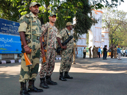 BSF Security personnel deployed outside the Andhra Pradesh Legislative Assembly a day ahead of a discussion on the Telangana bill, in Hyderabad on Thursday. PTI Photo