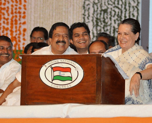 Congress President Sonia Gandhi addressing during the launch of Congress election campaign in Kerala state, in Kochi on Saturday. Kerala Home Minister Ramesh Chennithala ( L ) and Chief Minister of Kerala Oommen Chandy are also seen.PTI Photo