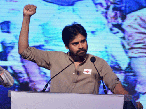 Pawan Kalyan speaks at the launch of his new political party Jana Sena in Hyderabad on Friday. PTI Photo