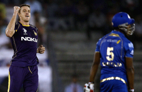 Morne Morkel of the Kolkata Knight Riders celebrates getting CM Gautam of the Mumbai Indians wicket during IPL7 match in Cuttack on Wednesday. PTI Photo