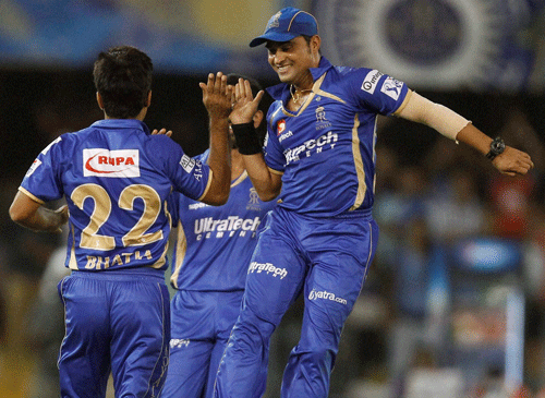 Rajasthan Royals players celebrate wicket of Delhi Daredevils' Ross Taylor during their IPL 7 match in Ahmedabad on Thursday. PTI Photo