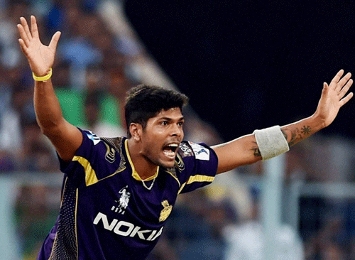 KKR bowler Umesh Yadav makes an successfull appeal against RCB batsman Chris Gayle during IPL their match in Kolkata on Thursday. Buoyed by a record-levelling sixth win on the trot and the confirmation of their place in the playoffs, Kolkata Knight Riders will now gun for a top-two finish when they take on a resurgent Sunrisers Hyderabad in their IPL fixture here tomorrow. PTI