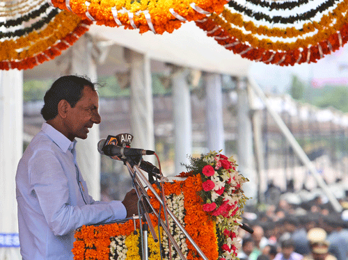 Telangana newly elected Chief Minister K. Chandrasekhar Rao addresses a gathering during the Telangana Formation Day celebrations at Parade ground, soon after his swearing in ceremony, in Hyderabad, Monday, June 2, 2014. Celebrations greeted the creation Monday of the newest state of Telangana, marking the formal division of the southern state of Andhra Pradesh. (AP Photo)