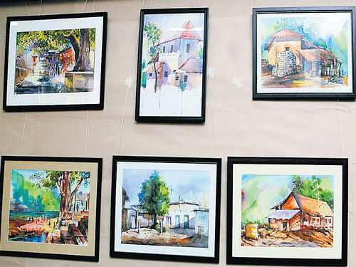 The landscapes by Mahalasa School of Art students displayed in the exhibition. DH photo