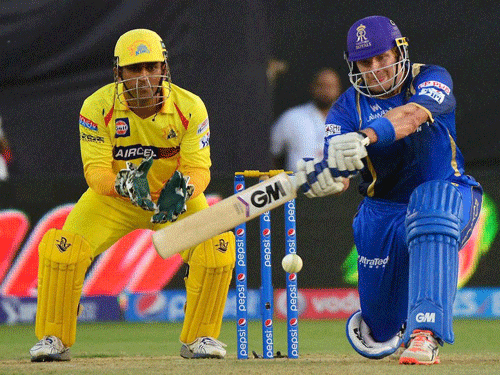 Rajasthan Royals captain Shane Watson hits a shot during a T-20 match with Chennai Super Kings in Ahmedabad on Sunday. PTI Photo.
