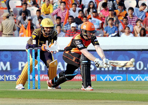 E Morgan of Sunrisers Hyderabad plays a shot against KKR at their IPL match in Hyderabad on Saturday. PTI Photo