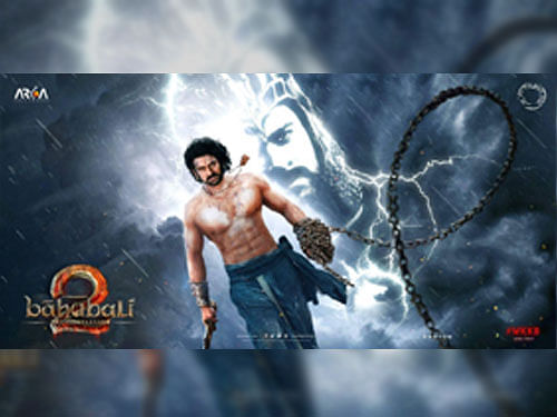 The background of the film poster that has electric-blue haze, shows a bare-chested Prabhas, who essays the role of Mahendra Baahubali.
