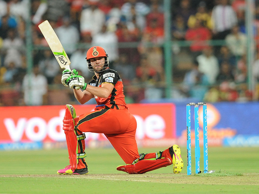Bangalore were reduced to 22-5 in 5 overs before AB de Villiers smashed a 46-ball unbeaten 89 to take RCB to 148-4 in their 20 overs. DH file photo