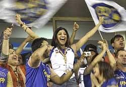 Rajasthan Royals' co-owner Shilpa Shetty celebrates after her team's victory over Chennai Super Kings during the Indian Premier League-3 match in Ahmedabad on Sunday. PTI
