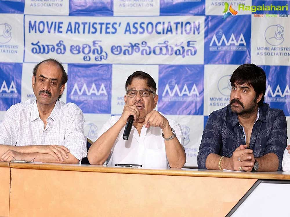 (Left to right) Producers D Suresh Babu, Allu Aravind and Actor Srikanth at the MAA press meet on drugs. DH Photo