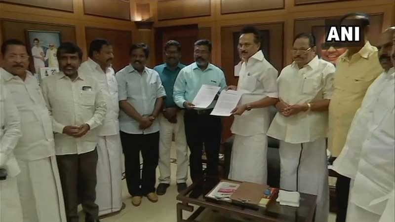 The pact was signed between DMK President M K Stalin and VCK chief Thol Thirumavalavan at the DMK headquarters on Monday. (Image: ANI/Twitter)