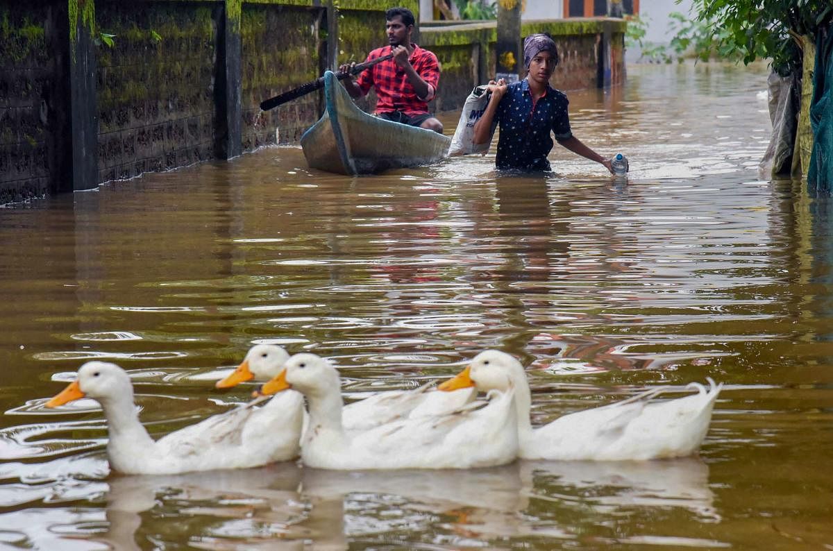 A view of a flooded locality after heavy rains, at Elloor in Kochi on Friday. PTI