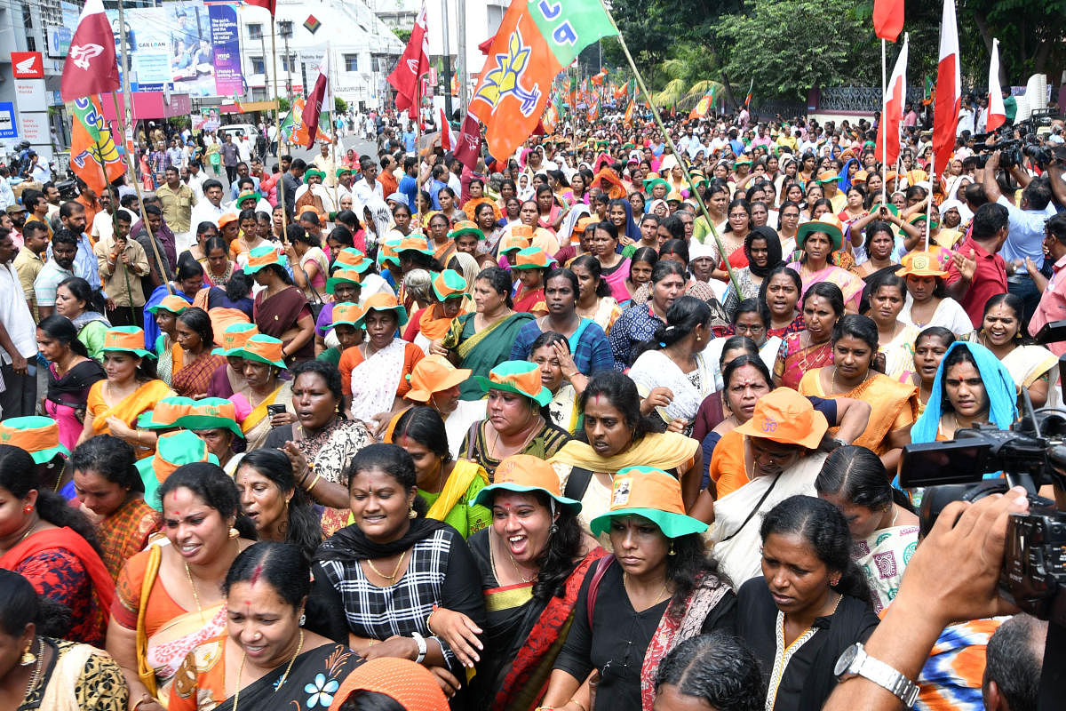 A protest march called by the BJP-led NDA against implementation of the Supreme Court judgment on Sabarimala, in Thiruvananthapuram, on Monday.