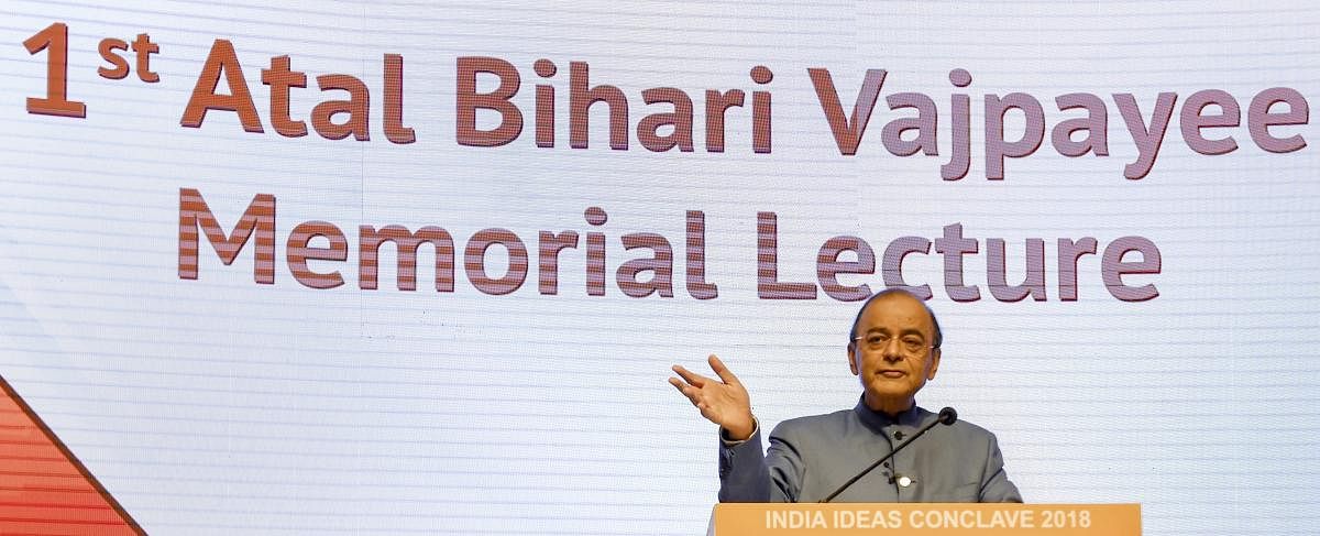 Union Finance Minister Arun Jaitley addresses the 1st Atal Bihari Vajpayee Memorial Lecture 2018, organised by the India Foundation, in New Delhi, Saturday, Oct 27, 2018. PTI Photo