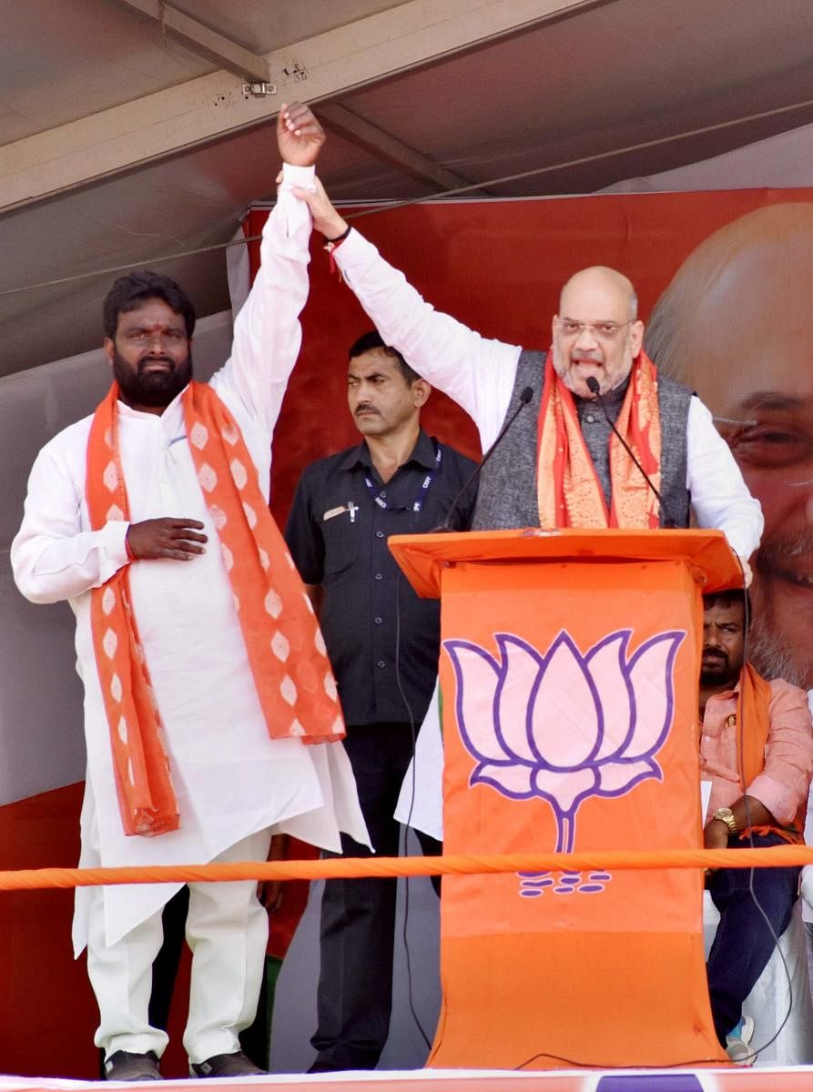 BJP chief Amit Shah at an election rally in Amangal, Telangana on Sunday. PTI