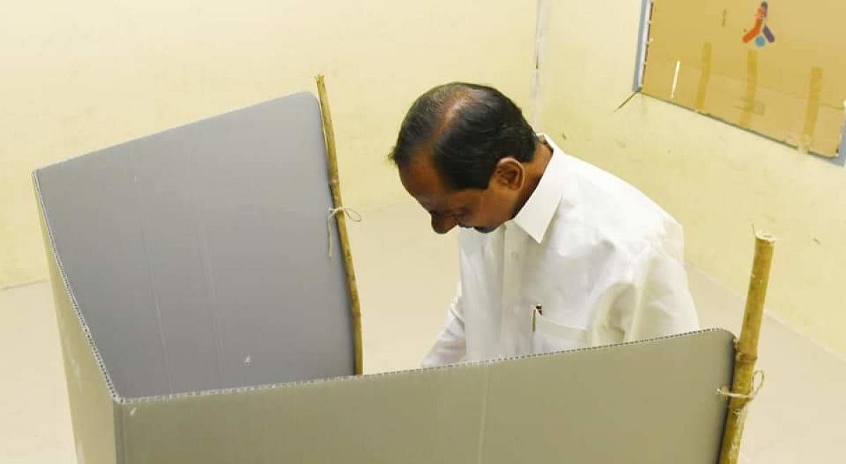 TRS president and caretaker chief minister K Chandrasekhar Rao (KCR) casting his vote at his native village of Chintamadaka in Siddipet district, Telangana.