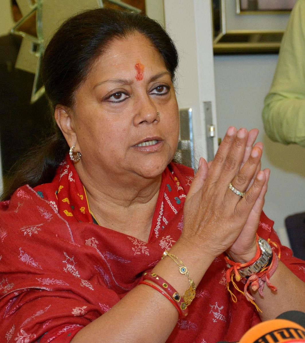 Rajasthan's outgoing Chief Minister Vasundhara Raje speaks to the media after the announcement of Assembly election results, in Jaipur, Tuesday, Dec. 11, 2018. PTI