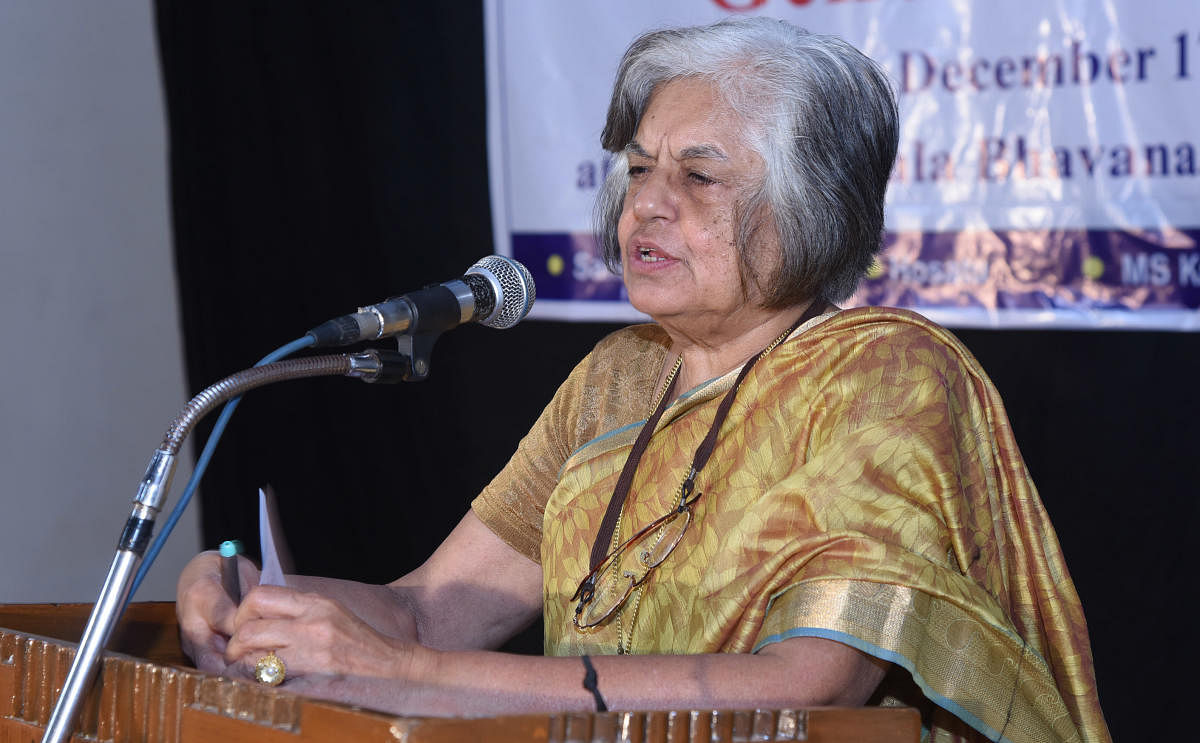 Supreme Court lawyer and former additional solicitor general of India, Indira Jaising delivers a lecture during 'B V Kakkillaya inspired orations 2018' at Ravindra Kala Bhavan in University College, Mangaluru on Monday