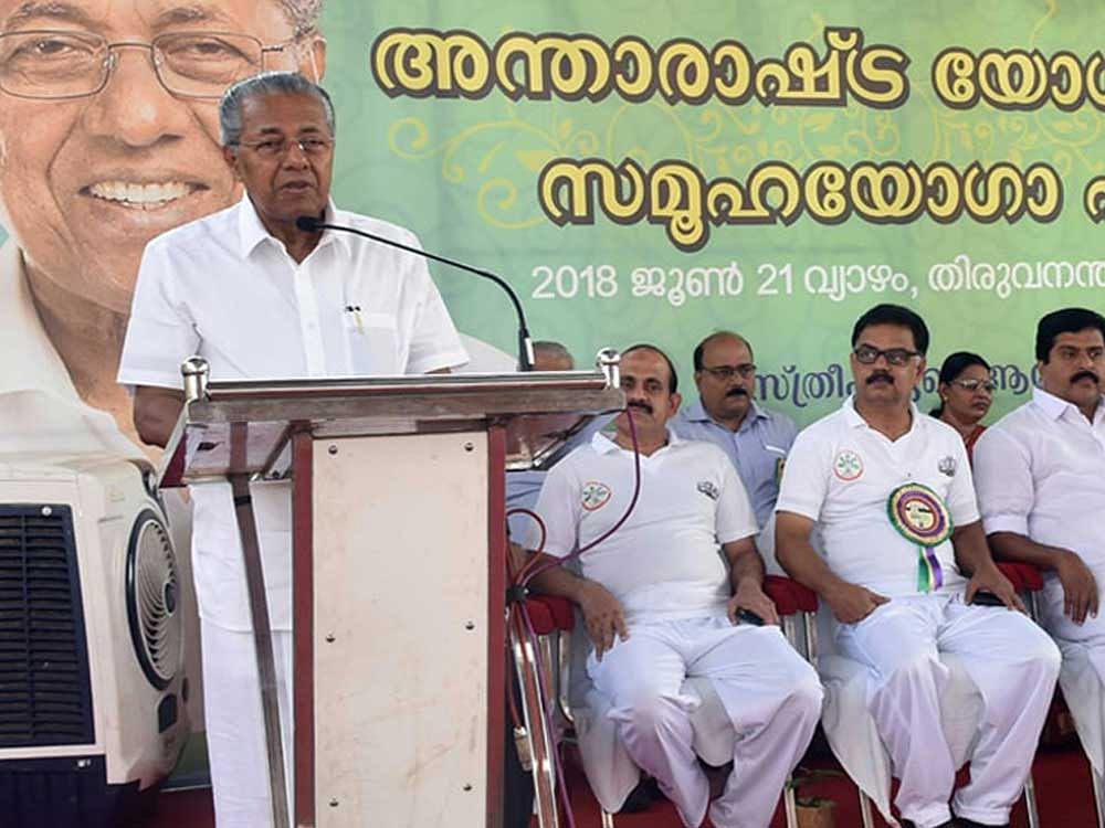 Speaking at the state-level International Yoga Day celebrations at the Central Stadium in Thiruvananthapuram, he said attempts were being made to hijack Yoga by projecting it in a religious context. Source: Facebook/PinarayiVijayan