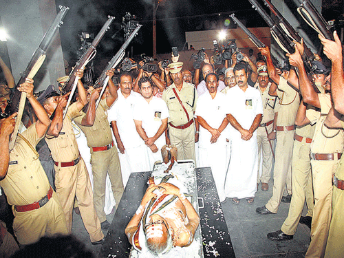 Policemen pay gun salute to eminent jurist V R Krishna Iyer  in Kochi on Friday. PTI