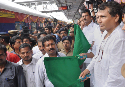 Union Minister for Railways, Suresh Prabhu flags off the DEMU services for the Angamaly-Ernakulam-Tripunithura-Piravom corridor in Kochi on Sunday. PTI Photo