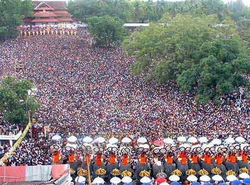 Thousands of people, including foreign tourists have gathered at the cultural capital of Kerala to enjoy the 36-hour-long colourful Pooram, which will culminate early tomorrow morning with a massive display of fireworks. Picture courtesy Twitter