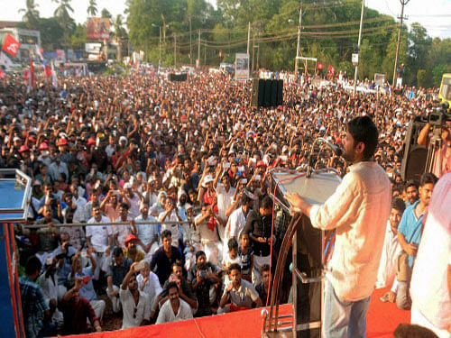 Kanhaiya Kumar addresses an election rally in Palakkad on Friday. PTI