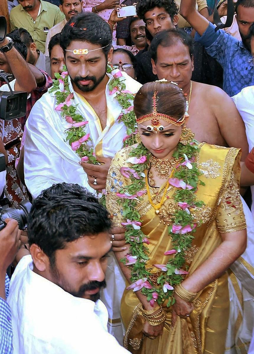 Actor Bhavana got married to Kannada Producer Naveen in a ceremony at Thiruvambadi temple in Thrissur, Kerala on Monday. PTI