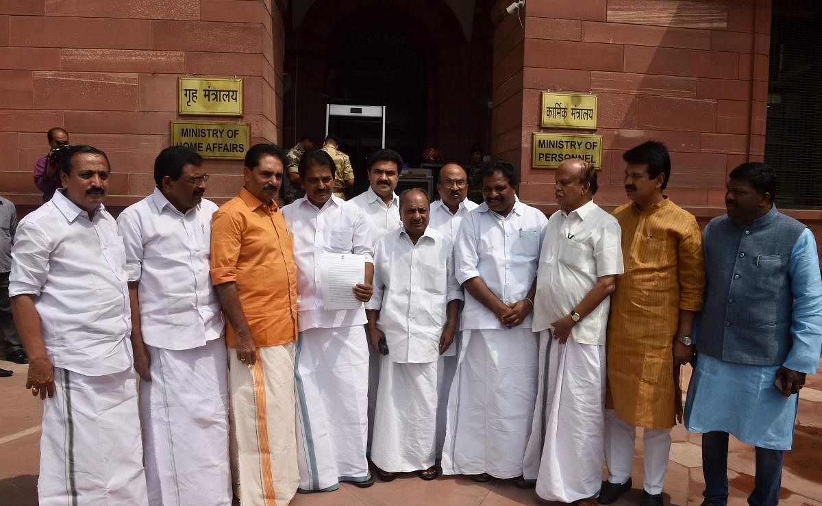 Kerala MPs led by Congress leader AK Antony (C) arrive to meet Union Home Minister Rajnath Singh to discuss the situation of rain and flood in the state, at North block in New Delhi on Thursday, Aug 30, 2018. (PTI Photo)