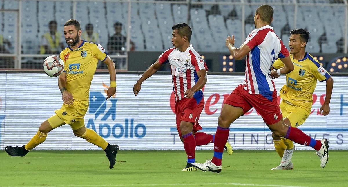 A slice of action from the ISL opening game between Kerala Blasters and ATK in Kolkata on  Saturday. PTI