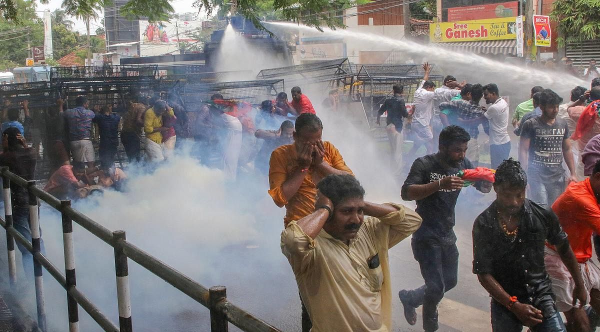 Police personnel use water cannon to disperse ‘Yuvamorcha’ activists marching to the house of Kerala Devaswom Minister Kadakampally Surendran's residence demanding that the state government file a review petition against the Supreme Court's Sabarimala verdict, in Thiruvananthapuram on Thursday. PTI