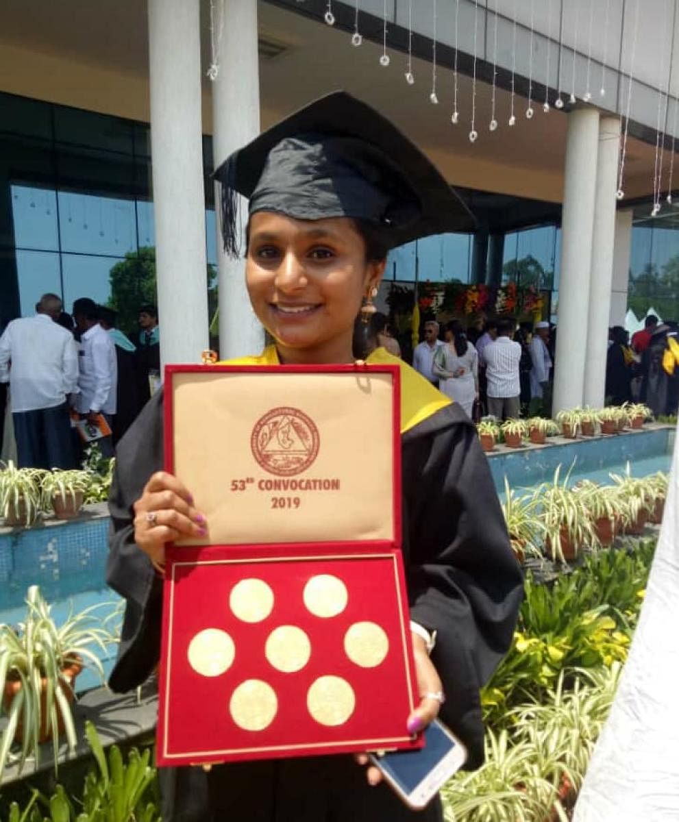 Suma K, the agriculture student who bagged 12 gold medals at the 53rd Convocation of the University of Agricultural Sciences (UAS), Bengaluru.