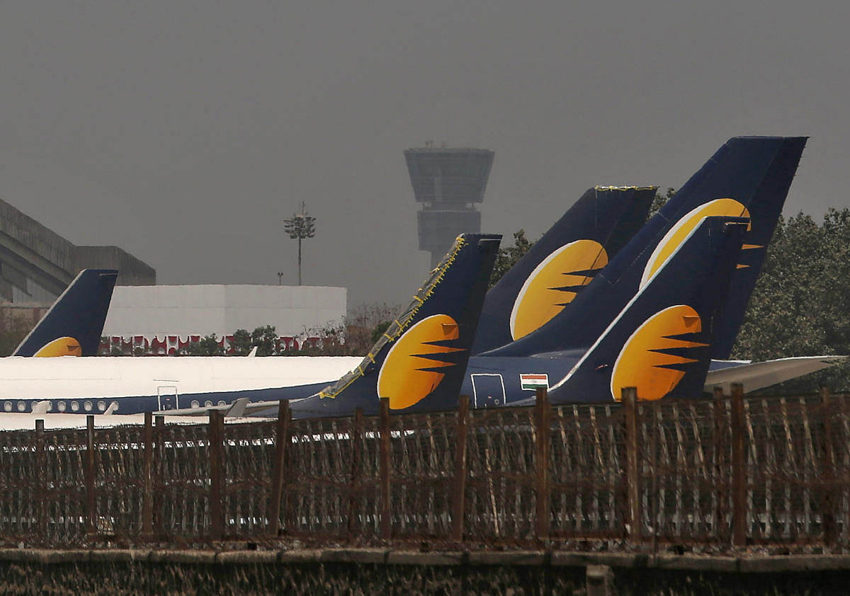 Jet Airways aircrafts are seen parked at the Chhatrapati Shivaji Maharaj International Airport in Mumbai, India, March 26, 2019. (REUTERS)