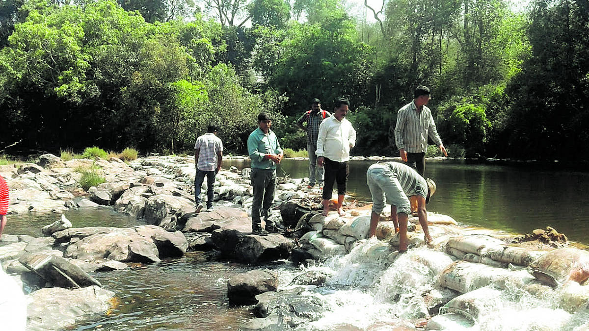 Officials clear illegal bunds constructed across River Cauvery near Kushalnagar.