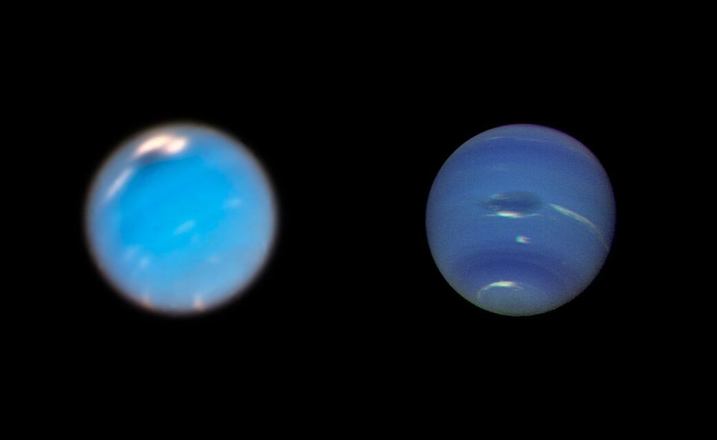 This is a composite picture showing images of storms on Neptune from the Hubble Space Telescope (left) and the Voyager 2 spacecraft (right). The Hubble Wide Field Camera 3 image of Neptune, taken in Sept. and Nov. 2018, shows a new dark storm (top center). In the Voyager image, a storm known as the Great Dark Spot is seen at the center. It is about 13,000 km by 6,600 km (approximately 8,000 miles by 4,100 miles) in size -- as large along its longer dimension as the Earth. Credits: NASA/ESA/GSFC/JPL