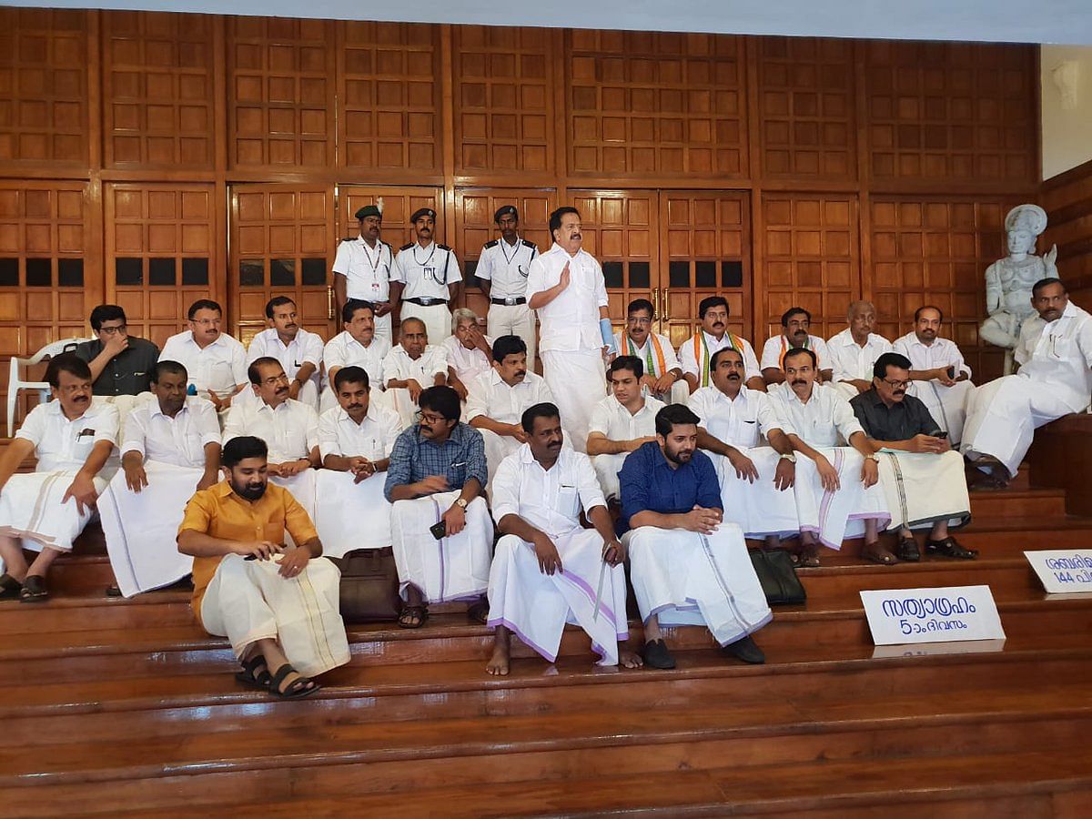 UDF MLAs VS Sivakumar (Congress), Parakkal Abdullah (IUML) and J Jayaraj (KCM) are observing 'indefinite satyagraha' at the entrance of state assembly over the issue of Sabarimala.