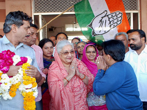 Chandresh Kumari Katoch, daughter of former Maharaja Hanwant Singh, is greeted by a supporter in Jodhpur. PTI Photo