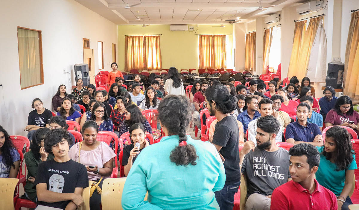 A student of School of Communication, Manipal, speaks at the right to vote campaign held in Manipal.