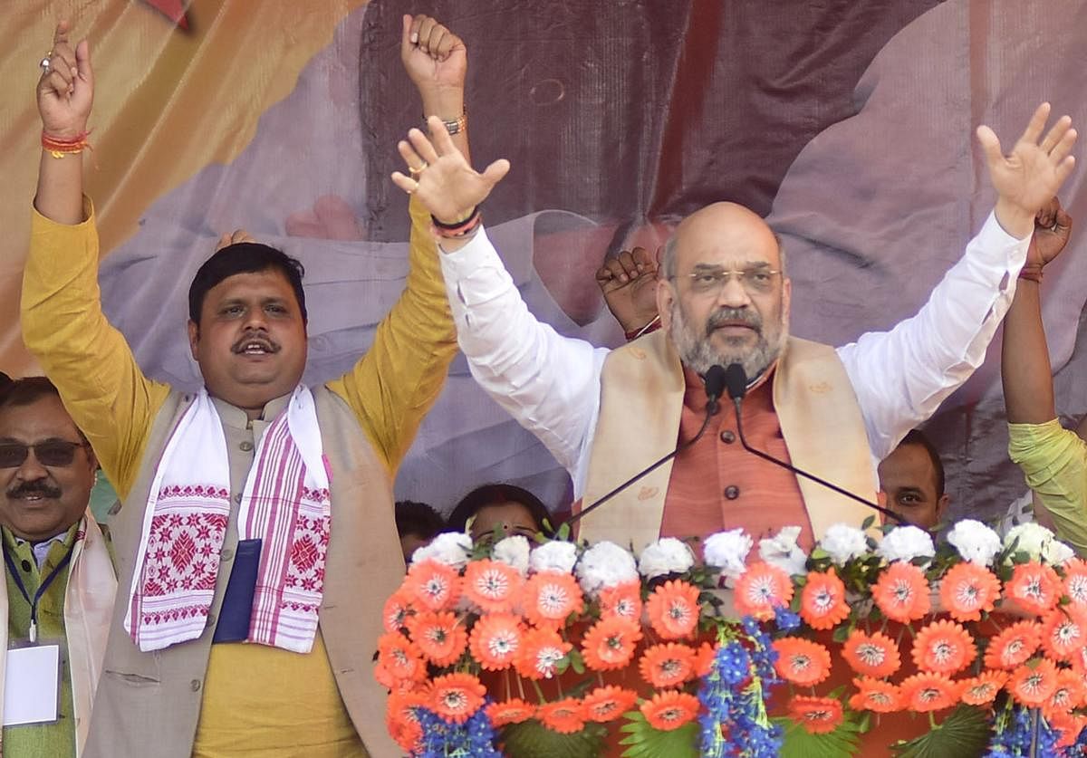 BJP national President Amit Shah addressing during an election rally ahead of Lok Sabha elections 2019, at Koliabor in Nagaon District of Assam on Thursday, 28 March 2019. PHOTO: MANASH DAS