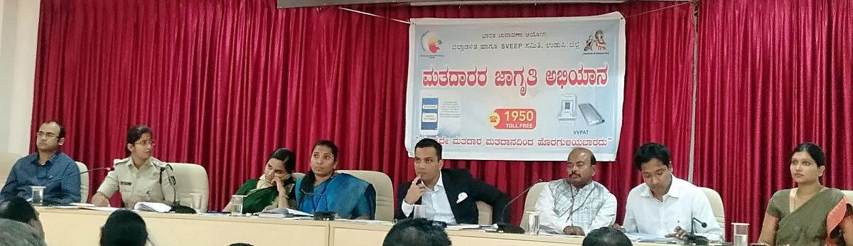 General Observer for Udupi-Chikmagalur Lok Sabha Constituency Krishna Kunal speaks at an officials’ meeting held at DC’s Office Hall in Udupi.    