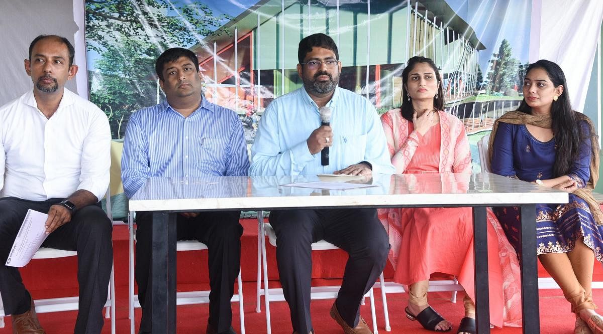 Ananth G Pai from Bharath Group speaks during a press conference at ELC-CFAL campus at Kuntikana in Mangaluru on Friday. Sudhir Pai of Bharat Group, Dr Vidya Pai, Shreya Pai and CFAL programme Coordinator Vijay Moras look on.