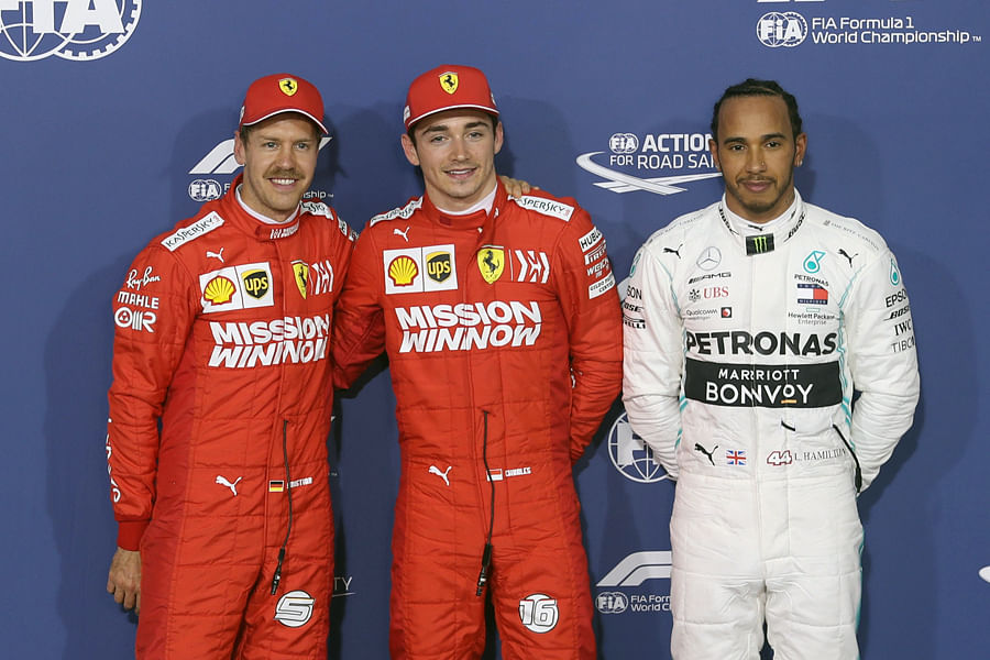 Ferrari's Charles Leclerc (centre) took pole for the Bahrain Grand Prix ahead of team-mate Sebastian Vettel (left) and Mercedes driver Lewis Hamilton. Picture credit: Reuters