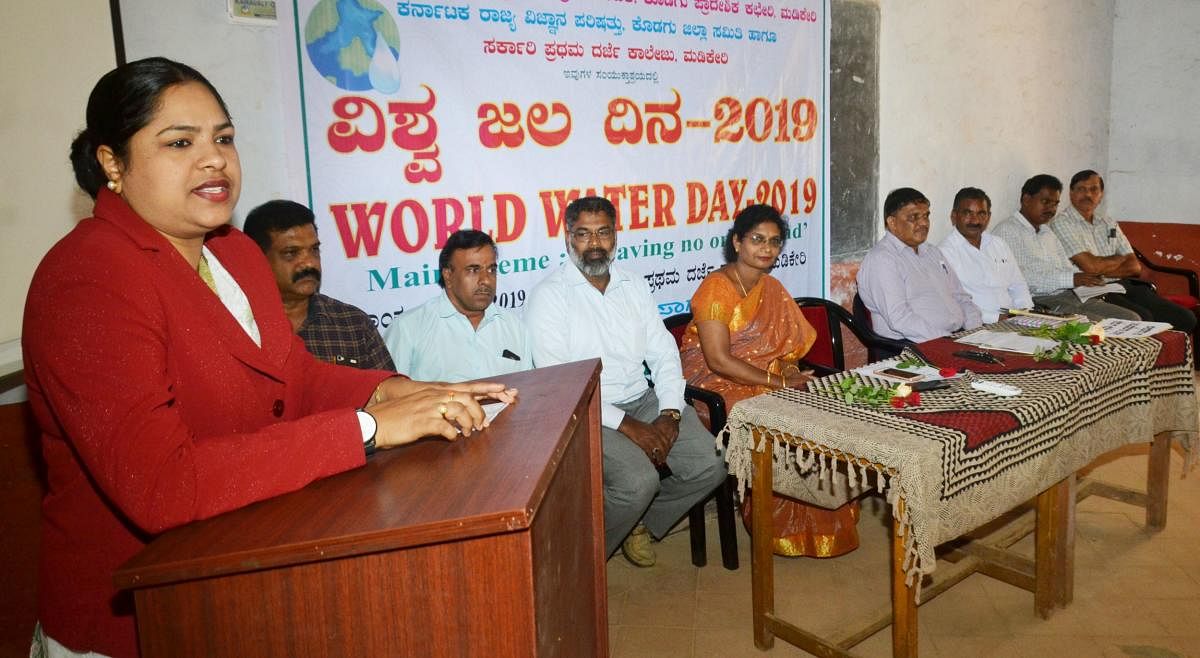 Senior civil judge Noorunnisa speaks during the World Water Day programme organised by the Karnataka State Pollution Control Board at the Government First Grade College in Madikeri on Friday.