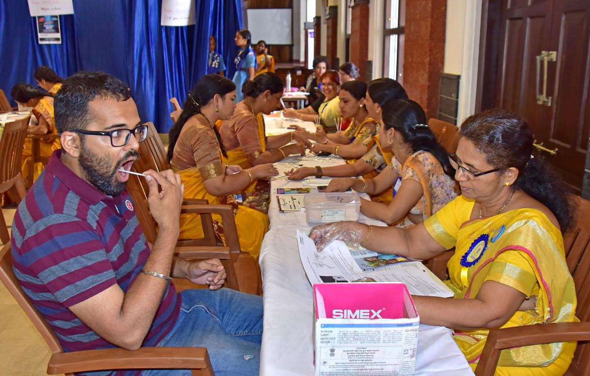 People take part in a stem cell donors’ registration drive held at Bhuvanendra Hall, Canara High School, Dongarakeri, on Saturday.   