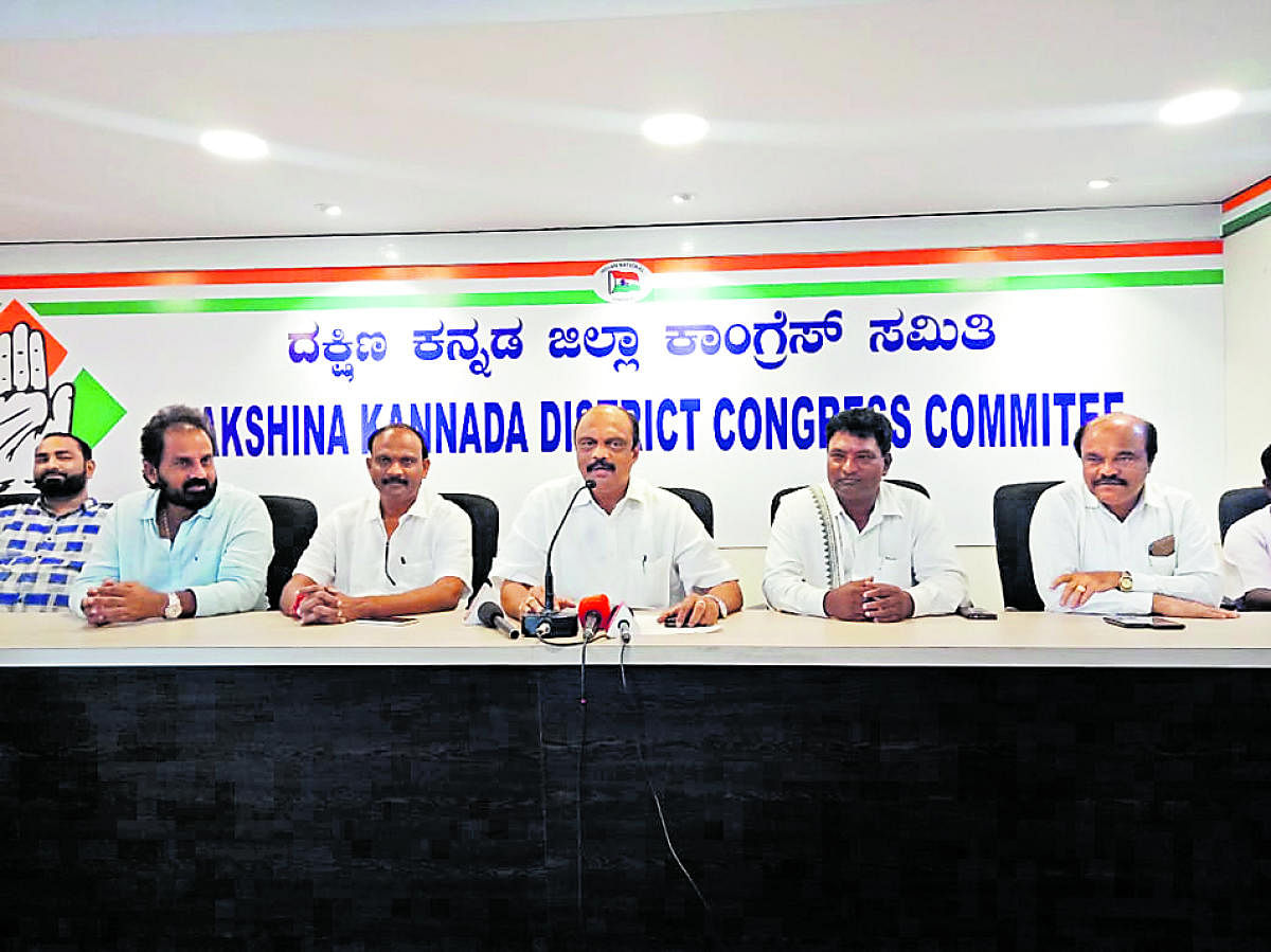 District Congress Committee President and MLC Harish Kumar addresses a press meet at the Congress office in Mangaluru on Saturday.