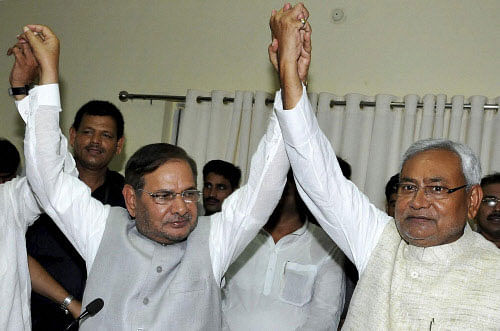 Bihar Chief Minister Nitish Kumar and JD (U) National President Sharad Yadav (L) after a press conference in Patna on Sunday. JD (U) on Sunday announced separation from NDA after 17 years of alliance. PTI Photo