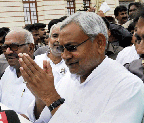 Bihar Chief Minister Nitish Kumar gestures before the media after JD-U won the confidence vote in the assembly in Patna on Wednesday. PTI Photo